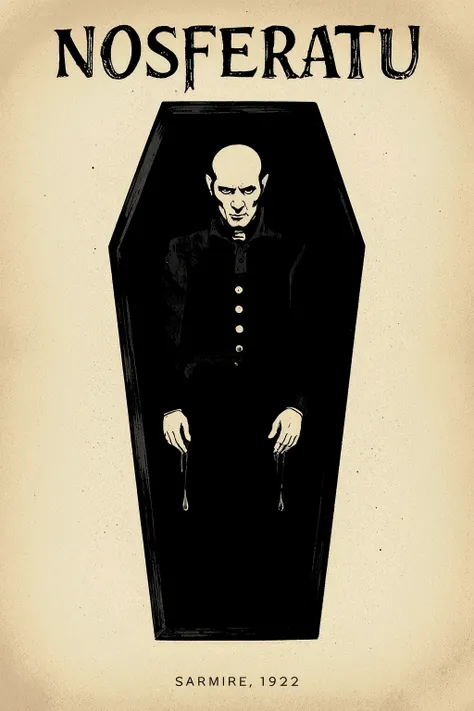 Depressive Black,Minimal art, Vector Art,Dark coffin illustration、The shadow of the coffin is a thin, creepy silhouette of Nosferatu with a bald head and nervous、sophisticated design、mono、classic horror movie poster design、beautiful yet terrifying atmosphe...