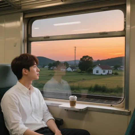 (masterpiece, High Quality, High Precision, Photo Realistic), evening, Inside the train running through the countryside, One Korean man sitting in a seat and looking out of the window(25), short dark brown hair, white shirt, Looking out of the glass window with a nostalgic expression, Reflects in the glass window and the man can be seen faintly, canned coffee on the underside frame of the glass window, ガラス窓の向こうにはeveningの田舎の田園風景とまばらな小さな白っぽい家屋, eveningの橙色の空