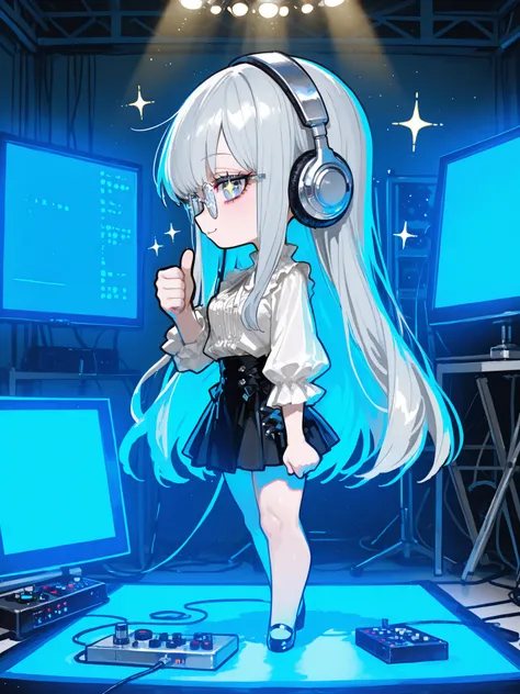 full body,makes an aesthetic,chibi,profile,japanese,makes an aesthetic,Master piece,Best Quality,ultra detailed,extremely detailed,hires,ultra hires,8K,Anime,looking at viewer,Mixing Room,Music Studio,Digital Mixers console,a pretty woman, solo,Long Hair,S...
