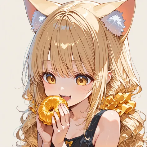 masterpiece, Highest Quality, great quality, middle hair,white blonde hair ,chibi,golden eyes,  デフォルメ, solo,Cat ears、detail、Thinning、high resolution、1 person、Without hands、solo、1 personの全身、simple background、black tank top dress、tied 2 under the face、white ...