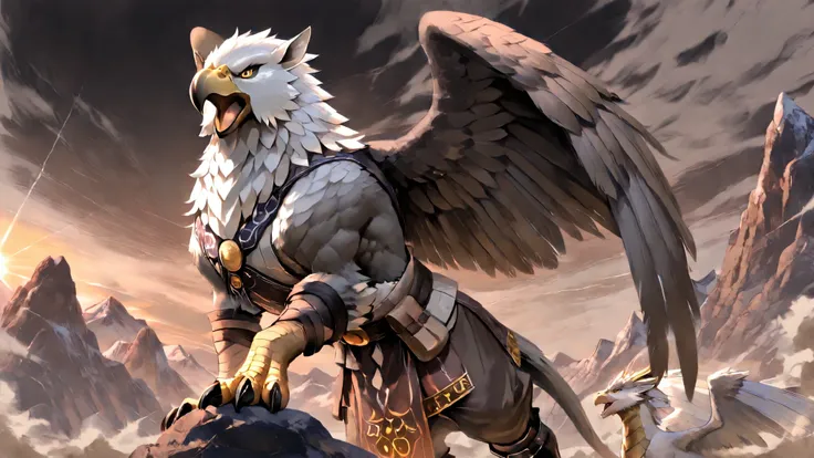 masterpiece, highest quality, Ultra High Quality, 40k, Beautiful and Incredibly detailed majestic Griffon with tamer girl,
(griffin is detailed face), (griffin is detailed body), griffin is open mouth,griffins roar,
majestic griffin, griffin head of a bal...