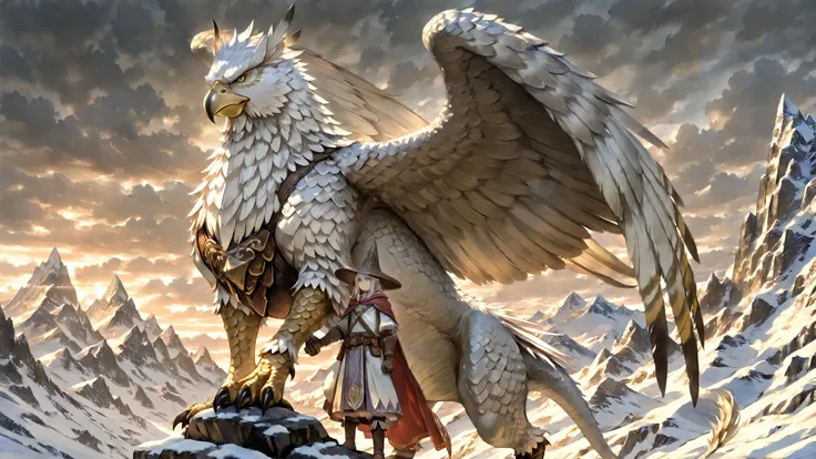 masterpiece, best quality, ultra detailed, epic fantasy illustration, wide shot,
majestic griffin, enormous size, perched on rocky mountain peak, detailed feathers, white and gray plumage, golden beak, sharp talons, powerful wings spread,
snowy mountai...