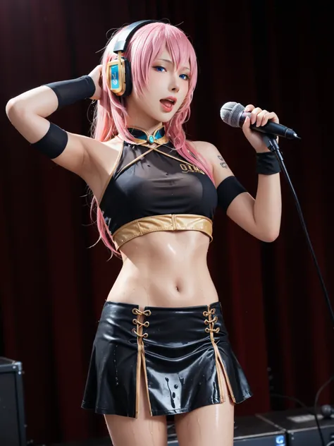 ((((nude)))).(wet skin,sweat,Armpit),(Soft Touch, Delicate Body Curves, Realistic human anatomy ),Luka Megurine , luka megurine, blue eyes, headphones, long hair, pink hair,arm warmers, Wristband, bare shoulder, black shirt, black skirt, Crop Top, midrif...