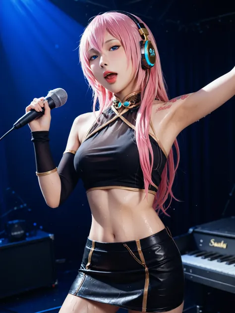 ((((nude)))).(wet skin,sweat,Armpit),(Soft Touch, Delicate Body Curves, Realistic human anatomy ),Luka Megurine , luka megurine, blue eyes, headphones, long hair, pink hair,arm warmers, Wristband, bare shoulder, black shirt, black skirt, Crop Top, midrif...