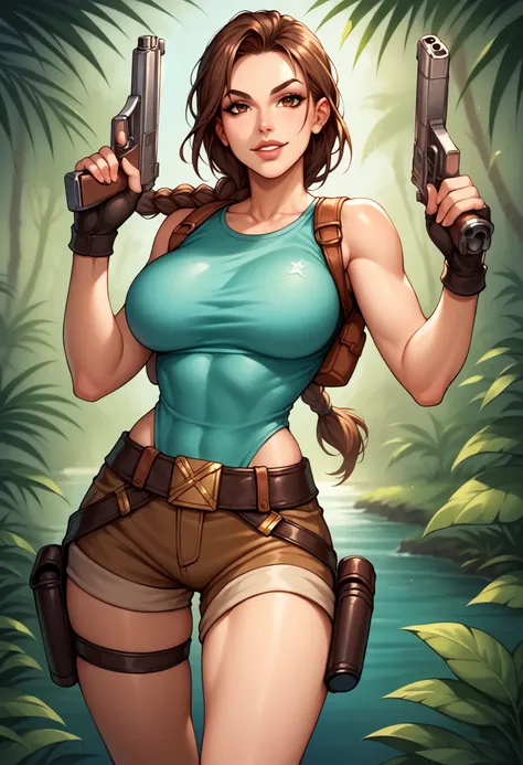 score_9, score_8_up, score_7_up, source_anime, BREAK solo, 1 girl, TRLCLAS, brown hair, brown eyes, single braid, lips, teal tanktop, large breasts, sleeveless, shoulder strap, brown shorts, thigh holster, seductive smile, looking at viewer, gun, hold...