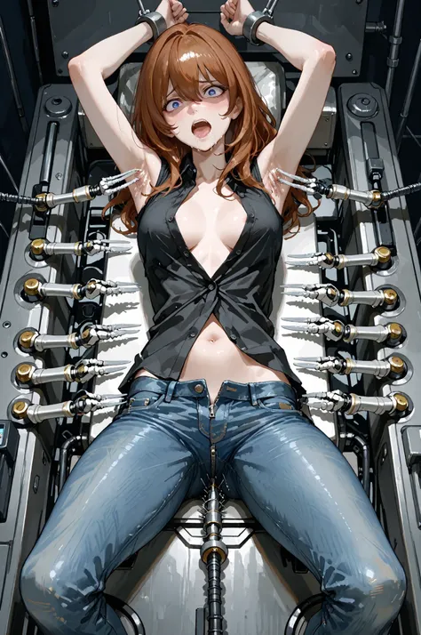 sexy beauty,Mine Fujiko,Female Spy,The darkness of the basement ,tickling machine,Caught and tortured,slender young woman, black open front shirt, the zipper on the jeans is fully open,big eyes ,Ahe face, ,Half Open Mouth,Long, slender limbs,Multiple Small...