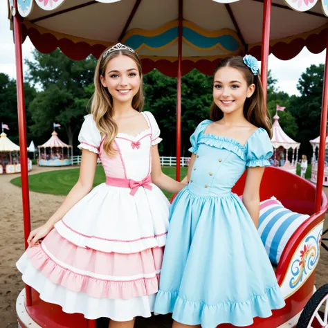 Two flat-chested females in summer dresses ride carousel horses and smile.