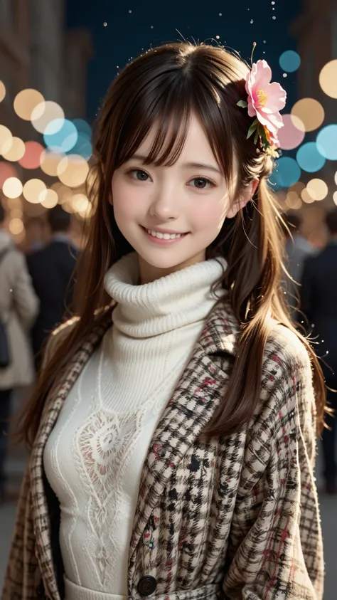 ( Symmetrical ,  Composed of Colorful Geometric Arabesque Patterns, Flower,   bubbles and splashes and sparkles  ), BREAK, (1girl), (18 years old), 非常にbeautiful detail to cross a man's arms顔, I smile shyly,  Symmetrical  black eyes, small breasts), BREAK, ...