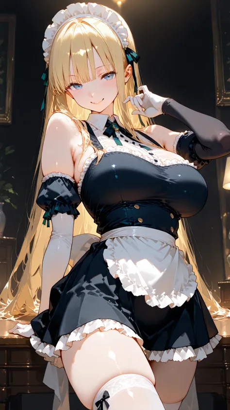 masterpiece, super high resolution,1 girl,futaba sakura,big eyes,naughty face,long hair,straight hair,Sexy shoulders,classic maid clothes,frill shirt,mini skirt,Maid Headdress,Elbow High Gloves,knee-high socks,BIG BREASTS,attractive thighs,leaning back,ran...