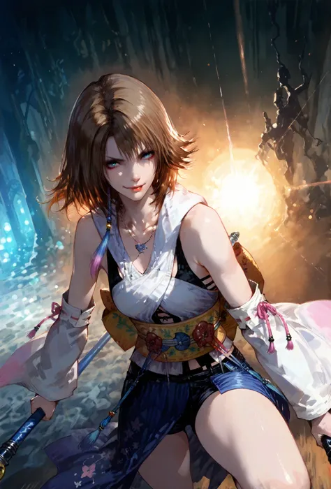 (score_9,score_8_up,score_7_up),Yuna (FFX), ((WOMAN,YUNA , FINAL FANTASY X, YUNA full clothers, WITH A MAGICAL  YUNA STAFF ,), ,,extremely detailed,dynamic lighting,best quality,,,best quality,high quality,, , dynamic angle, , thick thighs, motion lines,, ...