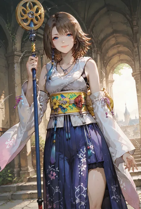 (score_9,score_8_up,score_7_up),Yuna (FFX), ((WOMAN,YUNA , FINAL FANTASY X, YUNA full clothers, WITH A MAGICAL YUNA STAFF ,), ,,extremely detailed,dynamic lighting,best quality,,,best quality,high quality,, , dynamic angle, , thick thighs, motion lines,, ...