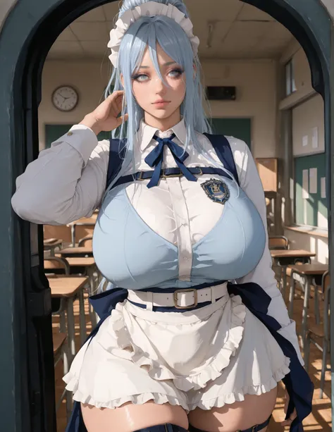 maid headdress, neck ribbon, blue ribbon, white shirt, collared shirt, long sleeves, (frills:1.1), frilled apron, waist apron, white apron, belt, blue dress, frilled skirt,long hair, blue eyes, hair between eyes, light blue hair, high ponytail, sidelocks,r...