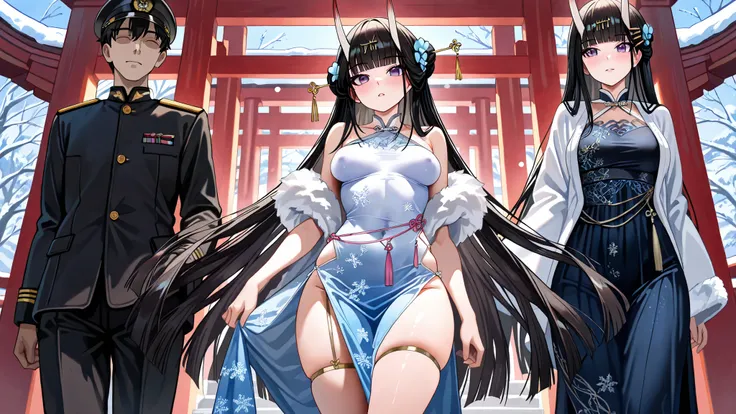 UHD, 8k resolution, masterpiece, 2.5d, best quality, amazing quality, very aesthetic, absurdres, newest. 1 girl and 1 man. Noshiro, elegant, mature woman, jet-black waist-length straight hair, detailed face, detailed eyes, poise, calm, composed expression,...