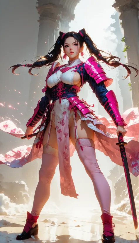 (supreme masterpiece, Highest Quality, Super Detailed),womanhood,torso is biologically correct ,(from front,full body), warrior,Warrior Armor,(pink samurai armor:1.8),(side boob),large breasts,black hair,twin tails,Chest Valley, thigh high socks, loafers, ...