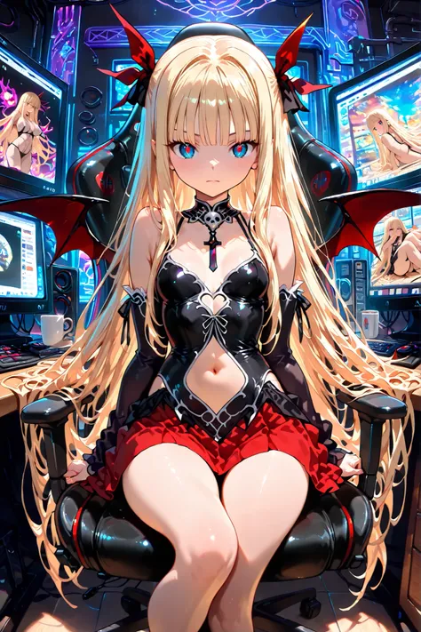 Evangeline Mcdowell \(negima\) a beautiful young vampire sitting in a gaming chair in front of a large monitor that shows multiple screens showing a video game. Shoot from the side, the image also shows a cozy, dimly lit room with a desk and two monitors....