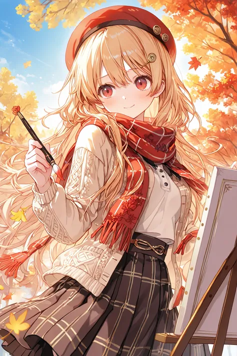Highest Quality, super high resolution, masterpiece, Sketchbookを持つ少女, feeling like an artist, expression immersed in creation, wearing a beret Figure, Brown Knit Cardigan, Plaid skirt, scarf wrapped around the neck, x} artist style outfit,fingertips with p...
