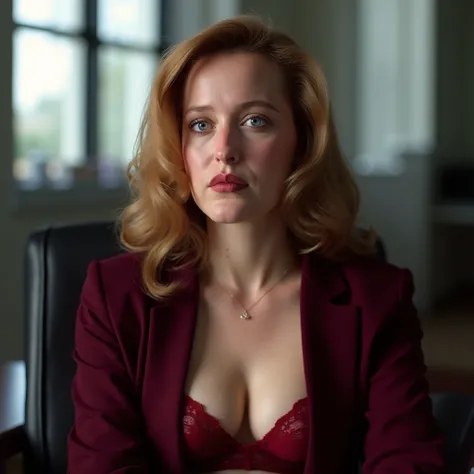 A realistic professional photo of Gillian Anderson. The photo features the beautifully detailed face, captivating eyes and serene expression. The photo showcases the natural beauty of Gillian Anderson, focusing on her flawless skin and delicate features. T...