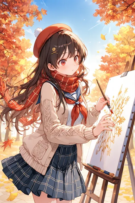 Highest Quality, super high resolution, masterpiece, Sketchbookを持つ少女, feeling like an artist, expression immersed in creation, wearing a beret Figure, Brown Knit Cardigan, Plaid skirt, scarf wrapped around the neck, x} artist style outfit,fingertips with p...