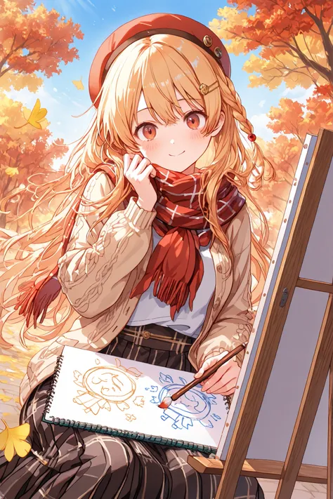 Highest Quality, super high resolution, masterpiece, Sketchbookを持つ少女, feeling like an artist, expression immersed in creation, wearing a beret Figure, Brown Knit Cardigan, Plaid skirt, scarf wrapped around the neck, x} artist style outfit,fingertips with p...