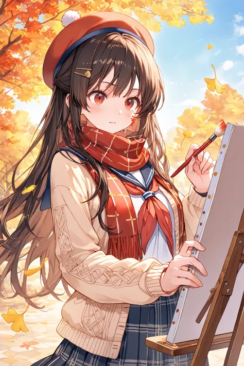 Highest Quality, super high resolution, masterpiece, Sketchbookを持つ少女, feeling like an artist, expression immersed in creation, wearing a beret Figure, Brown Knit Cardigan, Plaid skirt, scarf wrapped around the neck, x} artist style outfit,fingertips with p...