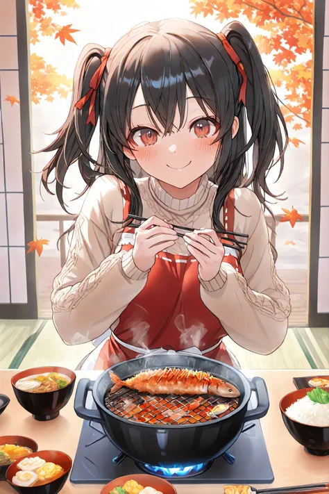Highest Quality, super high image quality at sea level, Masterpiece, Girl enjoying a meal, happy expression, A table with autumn ingredients lined up, Matsutake mushroom steamed in a clay pot, Grilled autumn sword fish, Chestnut rice, grilled saury with sa...
