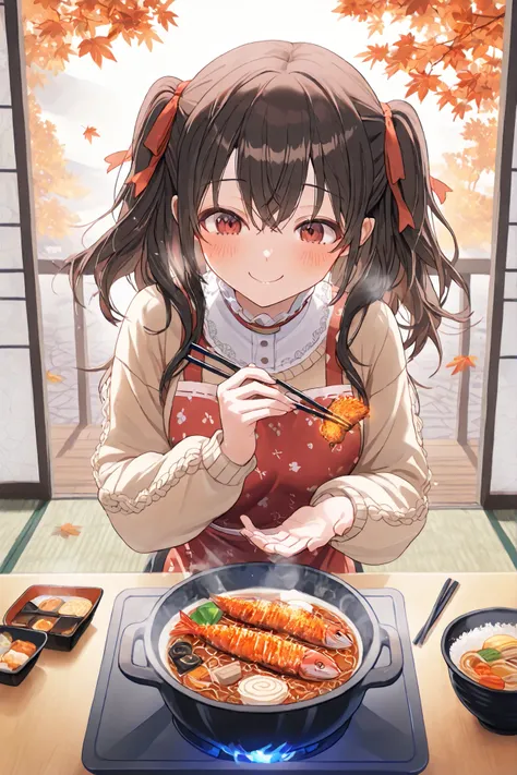 Highest Quality, super high image quality at sea level, Masterpiece, Girl enjoying a meal, happy expression, A table with autumn ingredients lined up, Matsutake mushroom steamed in a clay pot, Grilled autumn sword fish, Chestnut rice, grilled saury with sa...