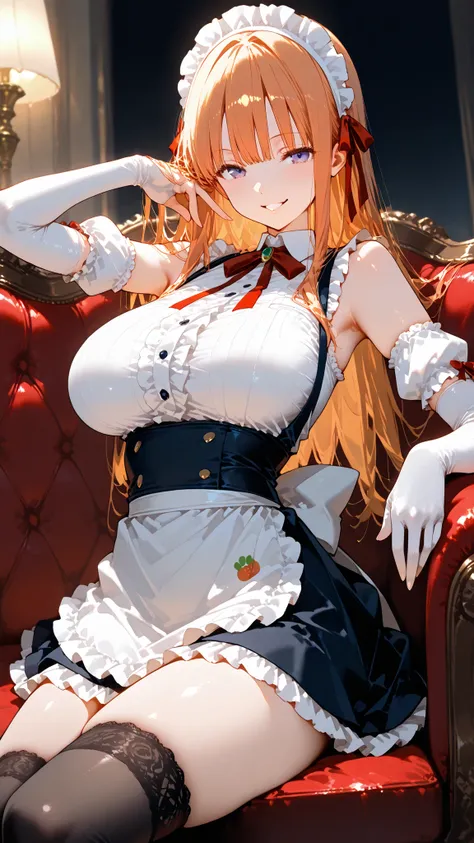 masterpiece, super high resolution,1 girl,futaba sakura,big eyes,naughty face,long hair,straight hair,Sexy shoulders,classic maid clothes,frill shirt,mini skirt,Maid Headdress,Elbow High Gloves,knee-high socks,BIG BREASTS,attractive thighs,leaning back,ran...