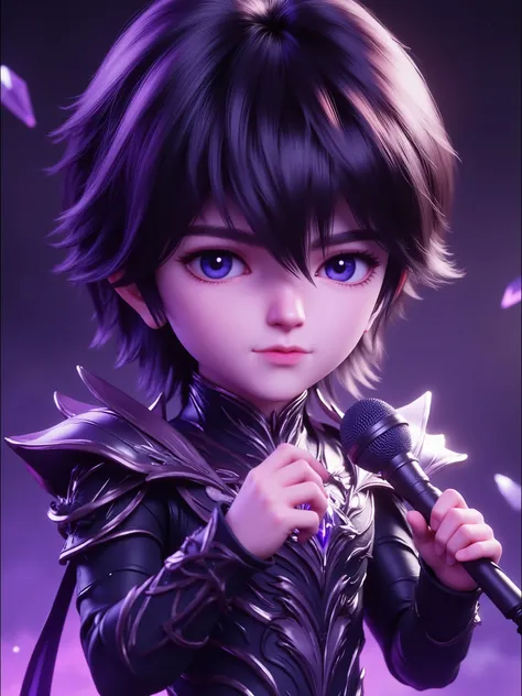 CGI rendering: 3D chibi version of a handsome young man with pale skin and medium-length dark purple hair, wearing ornate black and violet armor with dragon-themed shoulder plates, glowing amethyst accents, and sharp claw-like gauntlets. He is looking to t...