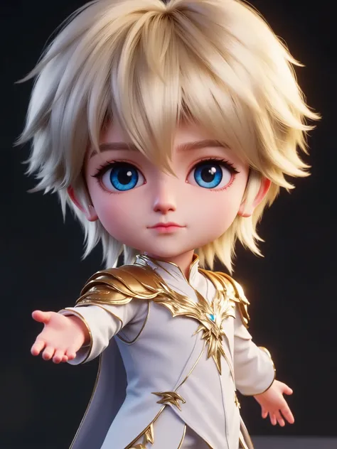 CGI rendering: 3D chibi version of a handsome young man with big blue eyes and shaggy blond hair, wearing ornate white clothes with gold armor and shoulder plates. He is standing with arms spread slightly to the sides in an open, ironic gesture, as if ans...