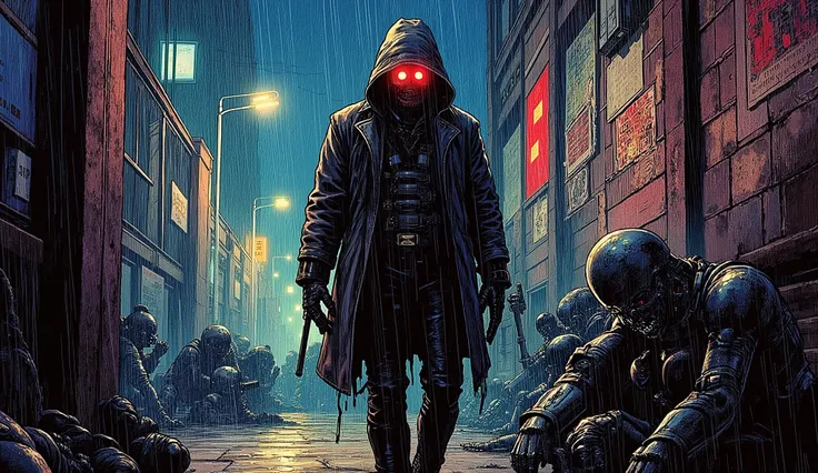 A cyberpunk bounty hunter with a long leather coat and glowing visor walking through a rainy neon-lit alley, posters peeling off the walls, robotic beggars in the background. 80s/90s comic book illustration style, dramatic shading, dynamic close perspectiv...