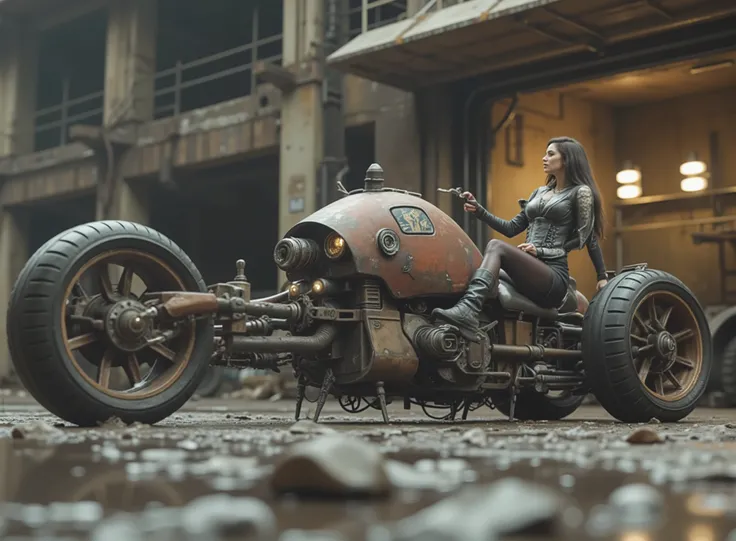 The image shows a desolate stage with a Renegade Princess, and taking the handlebars to adapt to the speed on a uniquely designed motorcycle that embodies a steampunk or post-apocalyptic aesthetic. The motorcycle is sturdy, has only 2 sturdy all-terrain wh...