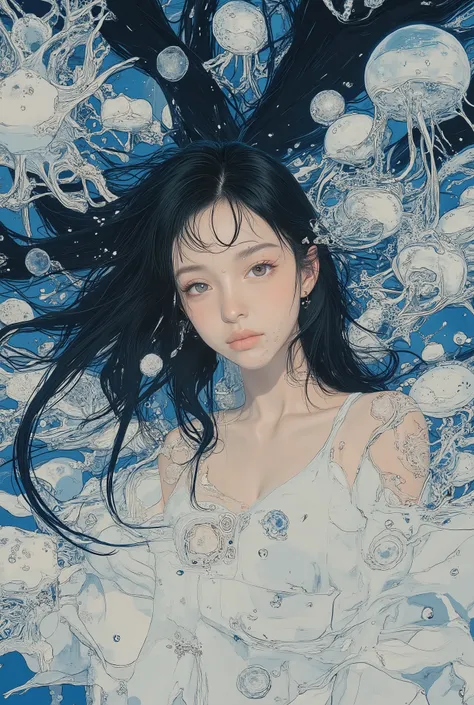 illustration-fen,patterned, anatomically correct, (masterpiece, best quality, ultra-detailed line art, high resolution illustration), vector art, vector illustration,
a beautiful girl quietly sinking underwater, full body composition,
long black hair sprea...