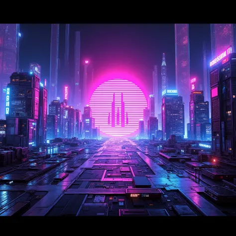 A wide cinematic cyberpunk cityscape in the style of 80s/90s comic books, filled with neon lights, holograms, and futuristic skyscrapers. In the center, a glowing logo with glitch effects and soundwave-inspired patterns. Colors: neon pink, cyan, purple, an...
