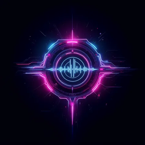 A futuristic cyberpunk logo inspired by 80s/90s sci-fi comics, featuring neon lights, glitch effects, and sharp geometric shapes. Central emblem with a bold, minimal symbol representing sound waves and technology. Dark background with glowing neon pink, cy...