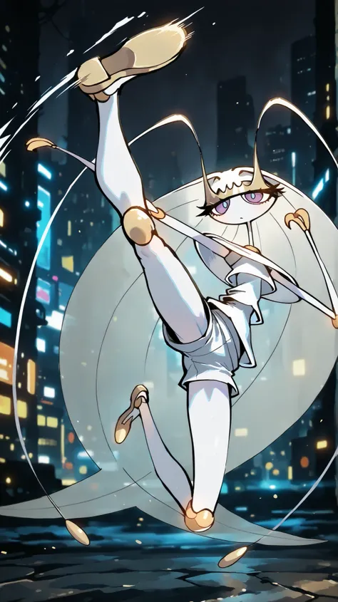 Pheromosa from Pokemon, White Body,Thin Waist, Very Thin Waist, Wasp Waist, Solo,vibrant colors, cel shading, Simplistic Art Style, solo,((jumping knee kick:1.3)),side view,(action:1.3),(acrobat:1.3),{cyberpunk background}