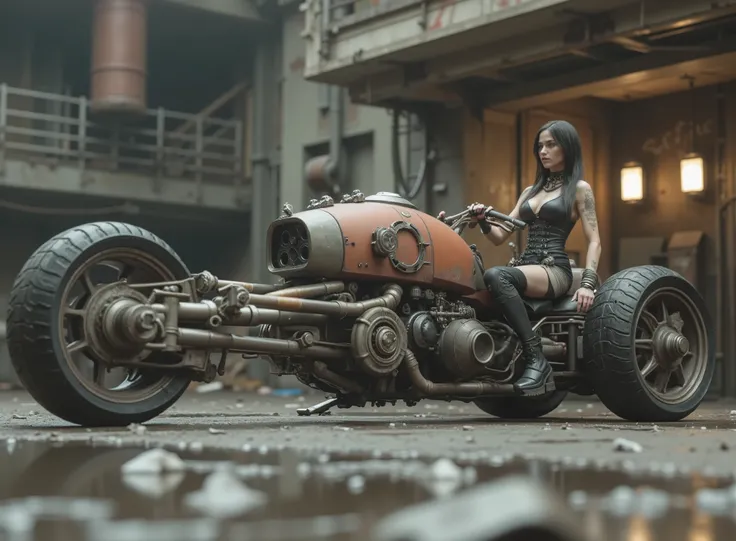 The image shows a desolate stage with a Renegade Princess, and taking the handlebars to adapt to the speed on a uniquely designed motorcycle that embodies a steampunk or post-apocalyptic aesthetic. The motorcycle is sturdy, has only 2 sturdy all-terrain wh...