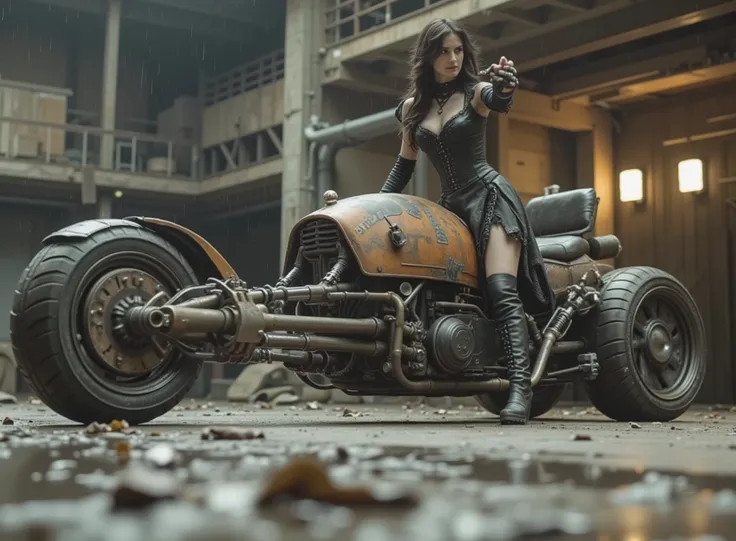 The image shows a desolate stage with a Renegade Princess, and taking the handlebars to adapt to the speed on a uniquely designed motorcycle that embodies a steampunk or post-apocalyptic aesthetic. The motorcycle is sturdy, has only 2 sturdy all-terrain wh...