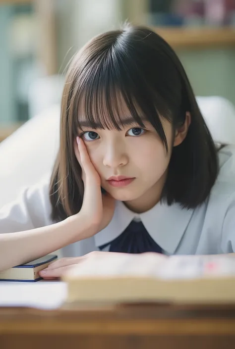 Highest Quality, masterpiece, super high resolution, (photorealistic),girl with tired eyes studying at her school desk。Dark Eyes、dark circles under eyes、Swollen eyes、and looks sleepy、detailed eyes、real style、Dorm scene、live action style、Key Visual、arching ...