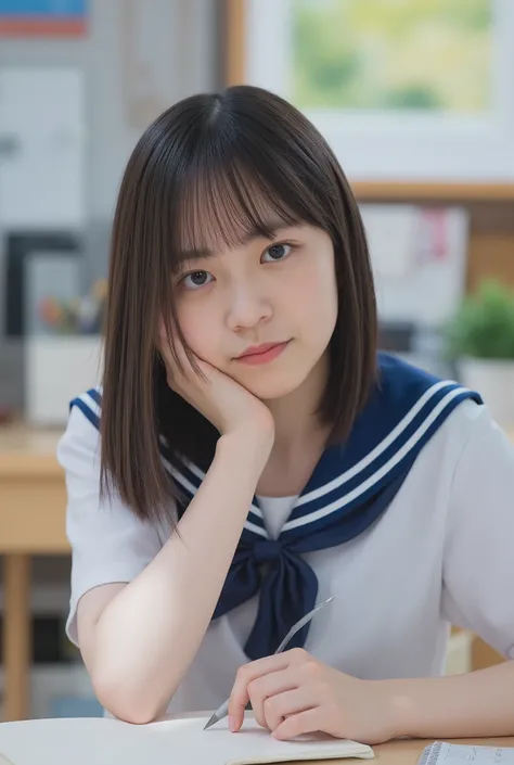 Highest Quality, masterpiece, super high resolution, (photorealistic),girl with tired eyes studying at her school desk。I'm writing on my notebook、Remembering something embarrassing、and looks sleepy、detailed eyes、real style、in sailor uniforms、Dorm scene、liv...