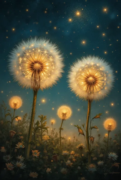 A detailed, fantastical painting of luminous dandelion clocks, glowing with golden light against a dark, starry night sky.  The image evokes a sense of magic and wonder, showcasing intricate, translucent dandelion seed heads filled with sparkling light sou...