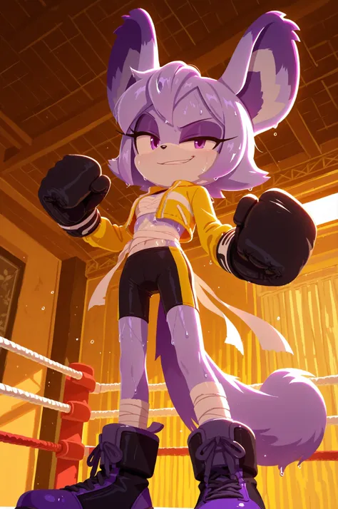 sonic (series), 1girl, solo, no lineart, indigo fur, chinchilla, white bandages wrapped around torso, cropped light yellow jacket, detailed pattern on jacket, darker yellow patterns on lower part of jacket, showing midriff, bandaged torso, bandaged bra, b...