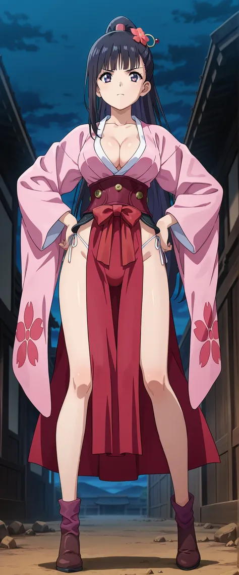 score_9_up, score_8_up, score_7_up,official art,anime coloring, nsfw,BREAK,1girl,solo,
Yomogawa Ayame  , Kabaneri of Iron Fortress, very long hair, high ponytail, dark haired, purple eyes,BREAK,japanese clothes,kimono,cleavage,(((  red  waist curtain,ankle...