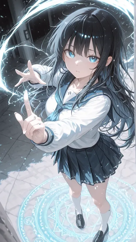 Normal girl looking up　Plain　long black hair　blue eyes　　long sailor uniform with a skirt　　white socks　loafer shoes　normal school gate　Normal morning school attendance　something is about to be summoned　Disturbing 　Lightning and a magic circle are appearing in the air　Pale gradation centered around her　 precise finger shape　dynamic angle　angle from directly above to become a missionary position　close-up