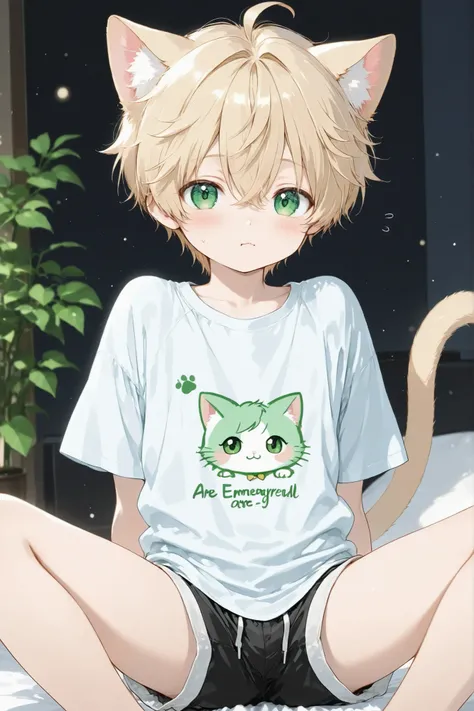 he wears white shorts-sleeved shirts pairs with black shorts, cat-boy, hybrid kitten boy, adorable, his eyes are emerald green, alone,