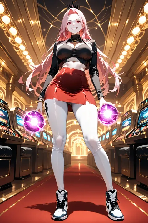 masterpiece, best quality, amazing quality, very aesthetic, high resolution, newest, hyper-detailed, solo, female character, mature woman, pale skin, long hair, pink hair,tall female figure, medium breasts, large waist, withe cropped, white leggings pants...