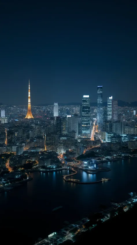 high-definition footage looks up、Night View of Tokyo、Overlooking the plain from 1000 meters above Odaiba by helicopter、The spectacular Kanto Plain with Tokyo Tower, Skytree, tower condominiums, and many tall buildings where the City of Light continues fore...