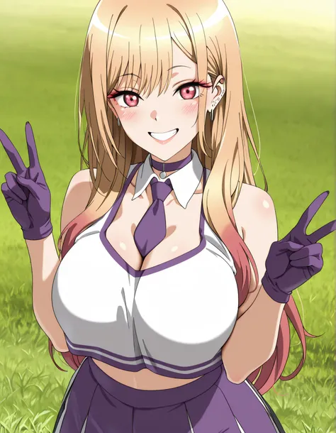 (best quality, masterpiece, ultra detailed, high resolution), Beautiful , tall, score_9, anime style, Masterpiece, best quality, 1girl, purple necktie, marin kitagawa, kitagawa marin, long hair, bangs, blonde hair, red eyes, multicolored hair, mature, brea...