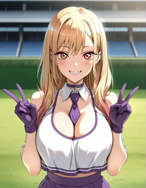 (best quality, masterpiece, ultra detailed, high resolution), Beautiful , tall, score_9, anime style, Masterpiece, best quality, 1girl, purple necktie, marin kitagawa, kitagawa marin, long hair, bangs, blonde hair, red eyes, multicolored hair, mature, brea...