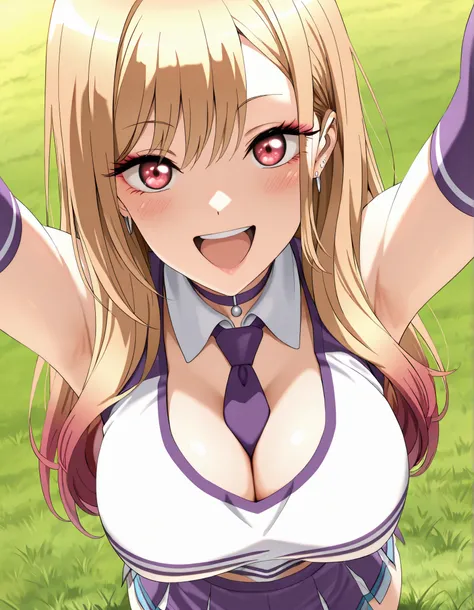 (best quality, masterpiece, ultra detailed, high resolution), Beautiful , tall, score_9, anime style, Masterpiece, best quality, 1girl, purple necktie, marin kitagawa, kitagawa marin, long hair, bangs, blonde hair, red eyes, multicolored hair, mature, brea...