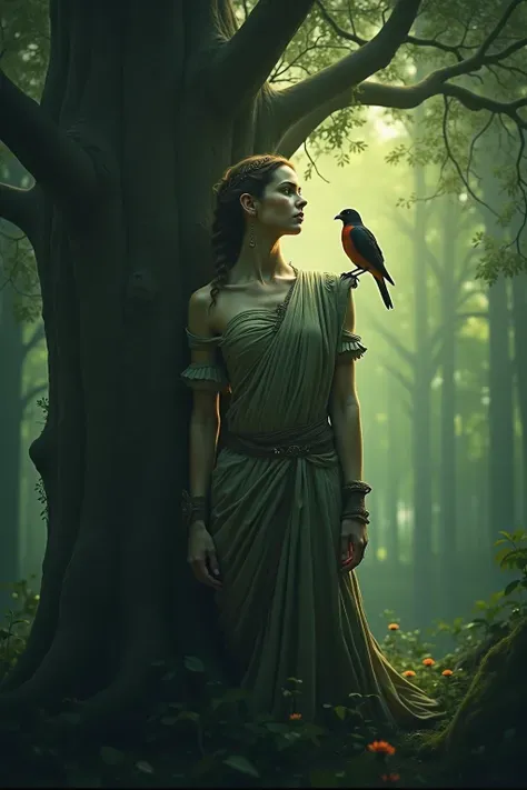 skin The forest guardian stands silently in an ancient tree, bird perched on her shoulder. The light is green and soft. mythical ecological fantasy style, Highly detailed texture and organic form, 4k nature narrative.
